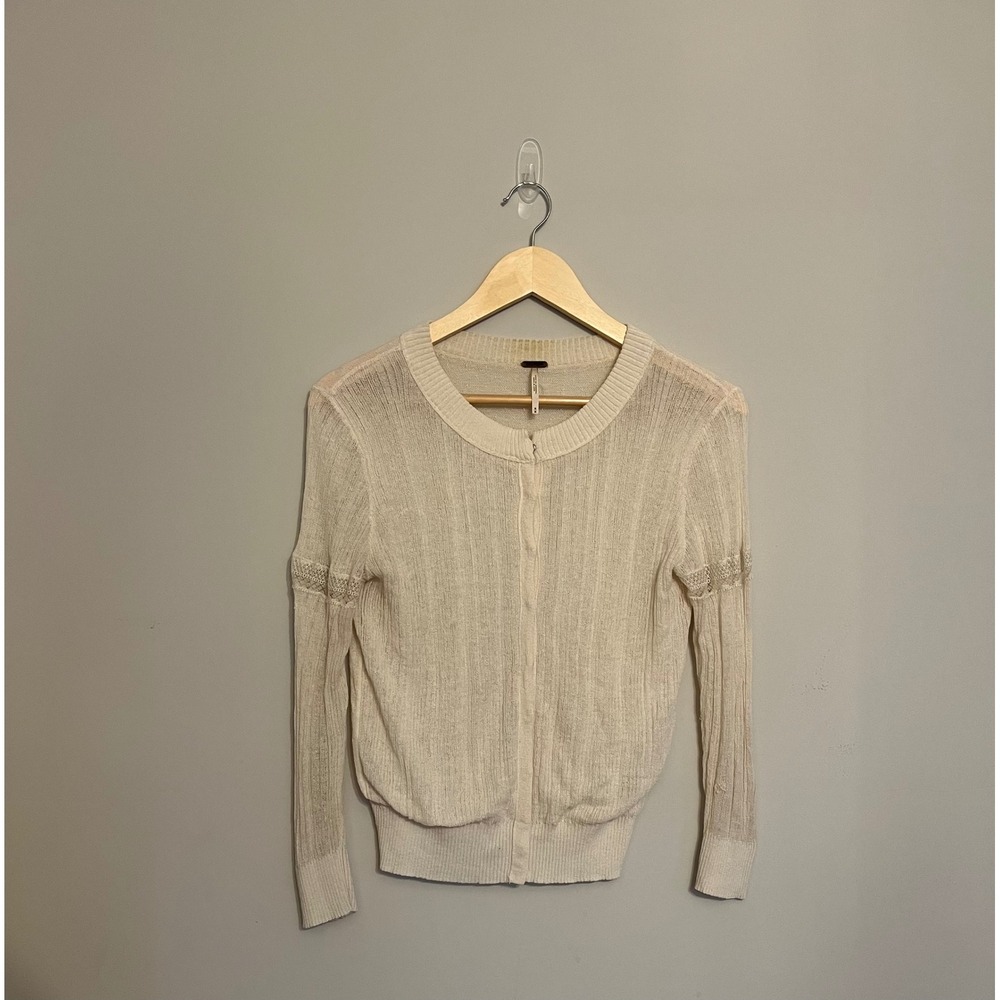 Free People Sheer Knit Button Front Cardigan Cream Lace Detail Fairy Romantic M